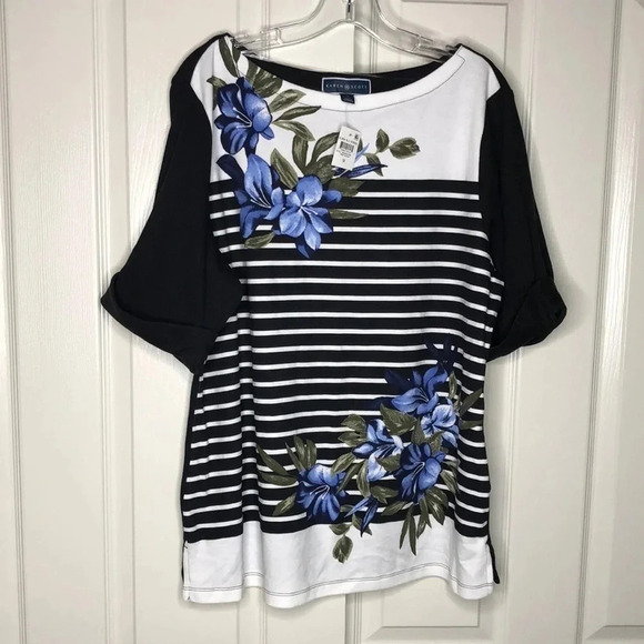KAREN SCOTT Striped Floral Print Top - Picture 1 of 8